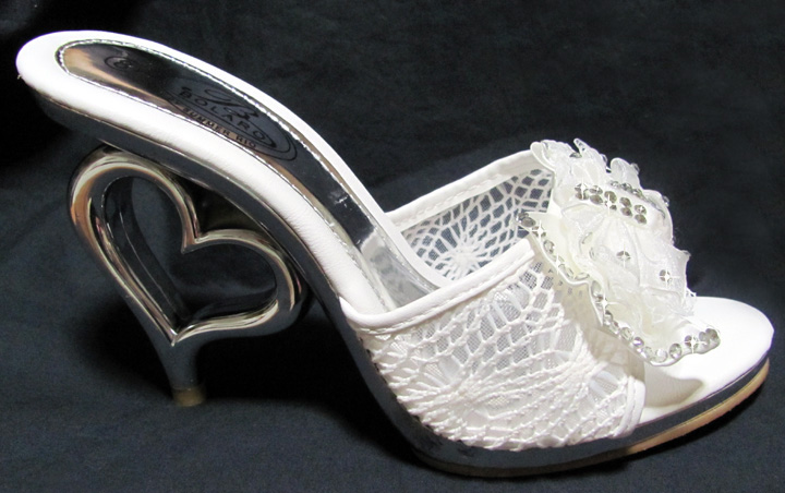 Off White 4 1/2 inch Heart Heel Bridal Slide with Satin Chiffon Rhinestone Bow