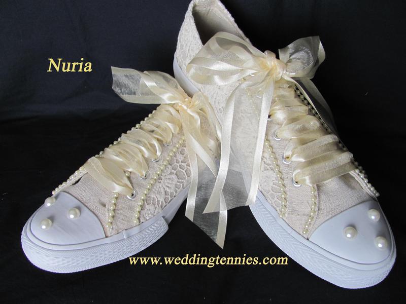 Ivory lace and pearl tennis shoes