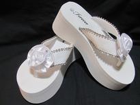 Platform  Bridal Flip Flops for weddings in white with Rhinestone Flower